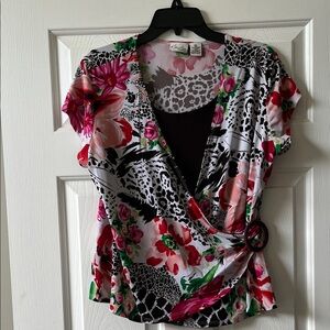 NWOT Kim Rogers Tropical Faux Wrap Top